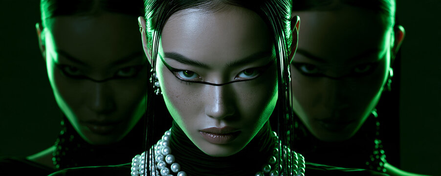 neon green portrait of an elegant east asian woman with pearls, dramatic beauty portrait with bold eyeliner and neon lighting, futuristic portrait of an woman with slicked back hair