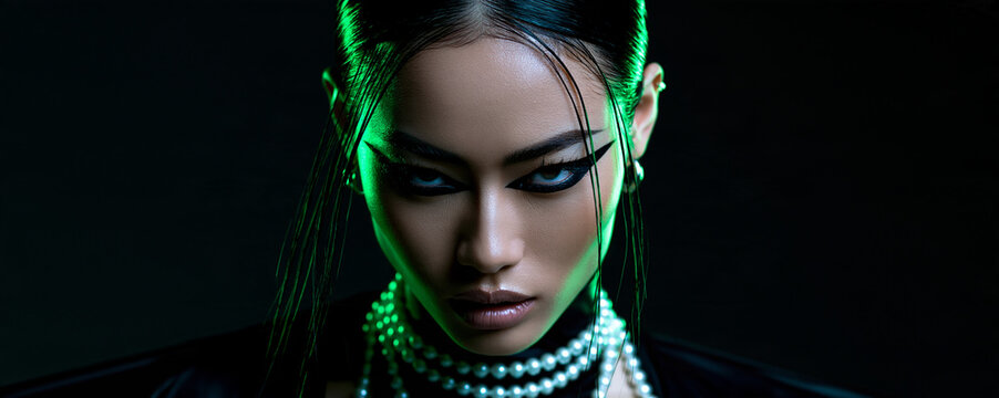 neon green portrait of an elegant east asian woman with pearls, dramatic beauty portrait with bold eyeliner and neon lighting, futuristic portrait of an woman with slicked back hair