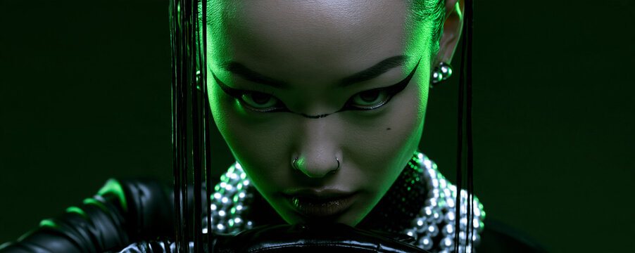 neon green portrait of an elegant east asian woman with pearls, dramatic beauty portrait with bold eyeliner and neon lighting, futuristic portrait of an woman with slicked back hair