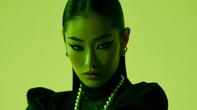 neon green portrait of an elegant east asian woman with pearls, dramatic beauty portrait with bold eyeliner and neon lighting, futuristic portrait of an woman with slicked back hair