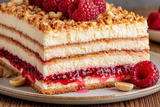 Layered raspberry cake dessert with nuts and sweet cream delicious food