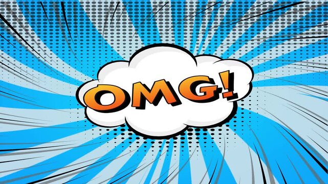 Comic book style OMG speech bubble animation on a blue radial halftone background