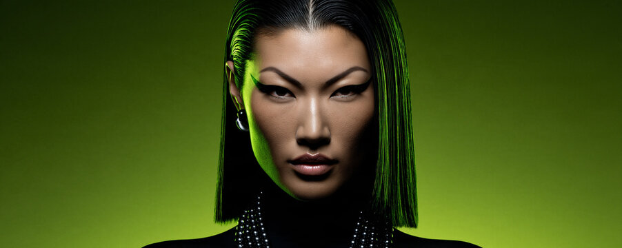 neon green portrait of an elegant east asian woman with pearls, dramatic beauty portrait with bold eyeliner and neon lighting, futuristic portrait of an woman with slicked back hair