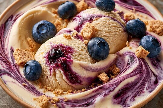 Blueberry ice cream scoops with berry swirl and cookie crumble topping