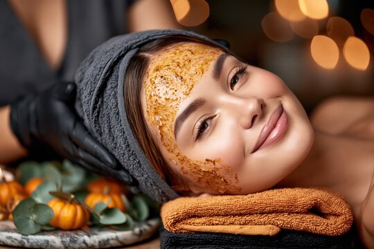 Pumpkin facial mask spa treatment for glowing skin in wellness salon