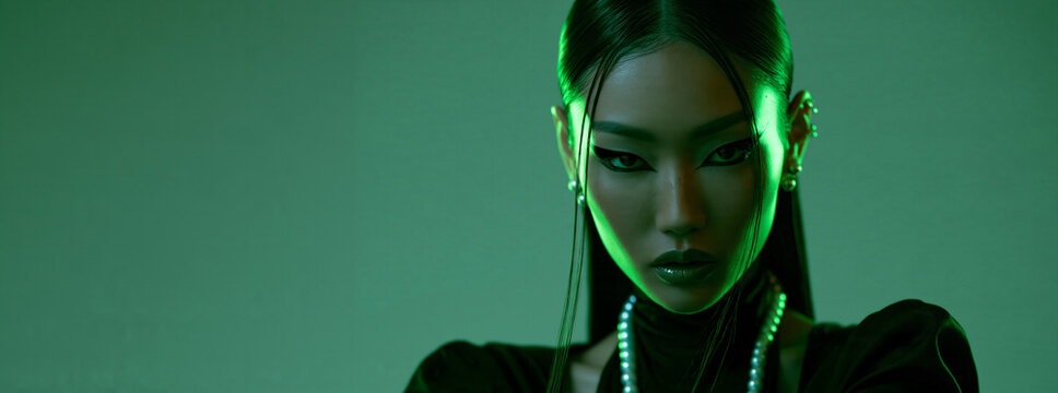 neon green portrait of an elegant east asian woman with pearls, dramatic beauty portrait with bold eyeliner and neon lighting, futuristic portrait of an woman with slicked back hair