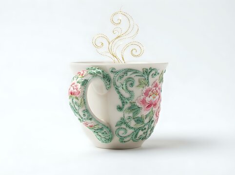 Decorative porcelain teacup with pink floral motifs and ornate green scrollwork, topped with golden spiral finial