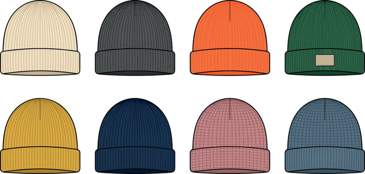 Colorful Knitted Beanie Hats Vector Set Featuring Winter Wool Caps In Various Colors For Cold Weather Fashion