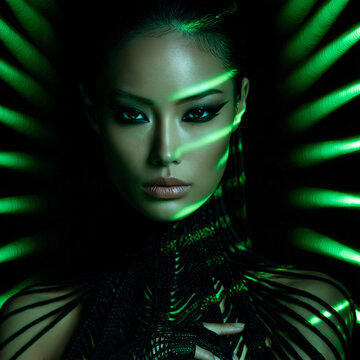 neon green portrait of an elegant east asian woman with pearls, dramatic beauty portrait with bold eyeliner and neon lighting, futuristic portrait of an woman with slicked back hair