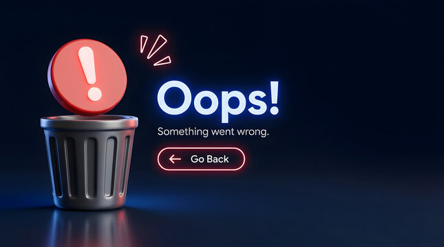 3D Illustration of a Website Error Message Featuring Oops Text with an Exclamation Mark Icon and Trash Bin Symbol for System Failure or Connection Problem Concept on a Dark Background