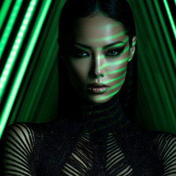 neon green portrait of an elegant east asian woman with pearls, dramatic beauty portrait with bold eyeliner and neon lighting, futuristic portrait of an woman with slicked back hair