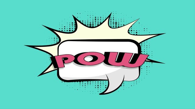 Comic book style Pow speech bubble animation on a solid teal background