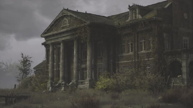 Neoclassical mansion in montenegro dominates scene with towering columns, cracked stone facade, overgrown grasses and stormy sky creating cinematic gloom