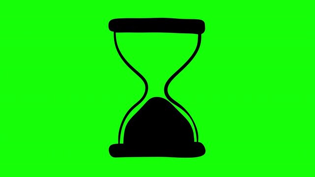 Hand drawn black hourglass icon animation on green screen background, minimal doodle sandglass timer video element with chroma key for video editing, loading, deadline and time management concepts.