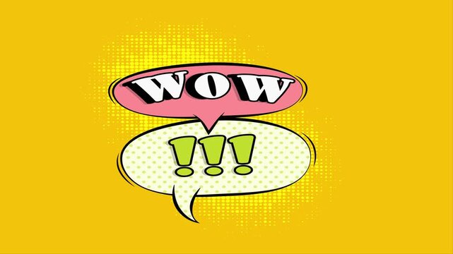 Pop art comic speech bubbles with wow and exclamation marks on yellow background