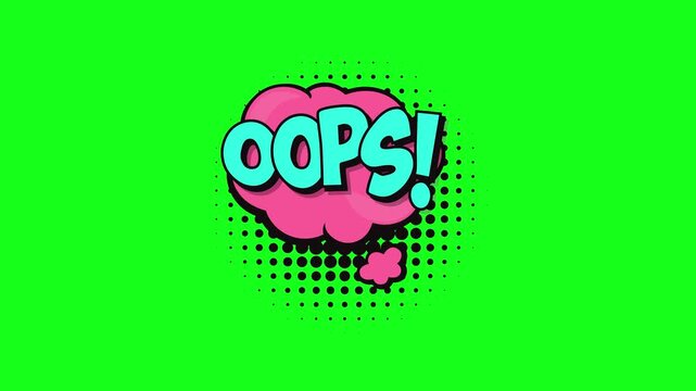Oops comic speech bubble animation with halftone pattern on green screen background