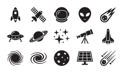 Space exploration icons set, silhouette, for science and astronomy themes © Bundleart