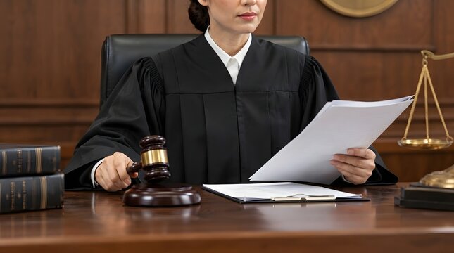 Female judge holding documents and striking gavel