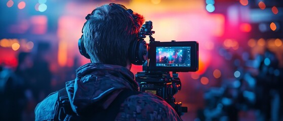 A cameraman wearing headphones films a vibrant event against a colorful blurred background. © Роксолана Гордієвич