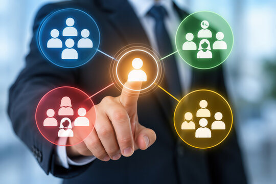 Target market segmentation strategy visualization with marketer touching client icon central hub connecting customer groups market audience targeting plan concept for business marketing touchpoint