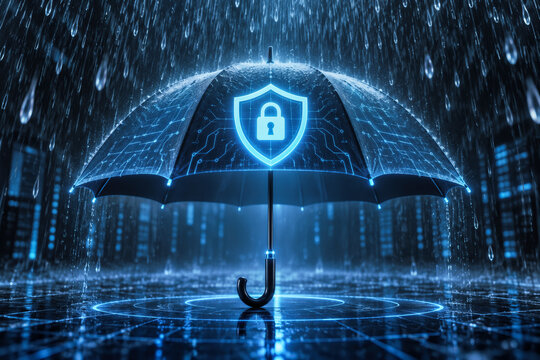 Glowing digital security shield umbrella protecting data against heavy rain cyber attack concept for data protection and network security abstract technology visual
