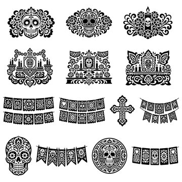 Dia de los Muertos Vector Elements, Day of the Dead Black Silhouette Collection, Mexican Halloween Sugar Skull Silhouette Icons Set on Transparent Background