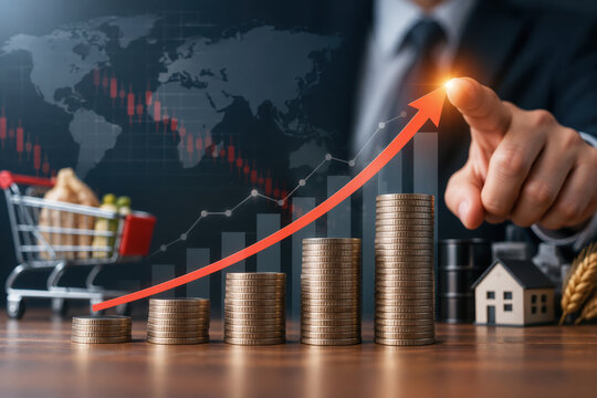 Inflation and interest rate rise concept businessman pointing at stacked coins with upward financial graph global economy recession and rising inflation impact investment finance taxation policy