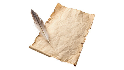 Vintage parchment manuscript sheet with quill feather pen on transparent background © Amelia