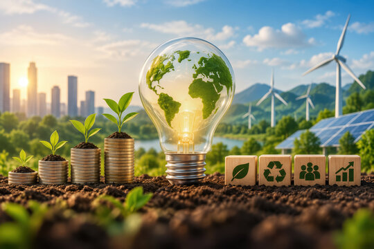 Green energy innovation with renewable investment ESG strategy sustainable business environmental growth light bulb globe plants coin stacks solar panels wind turbines clean technology clean growth
