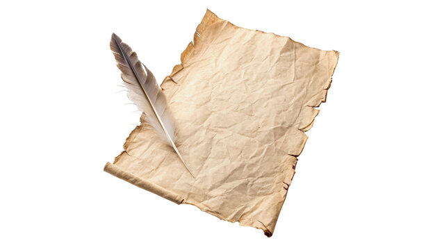 Vintage parchment manuscript sheet with quill feather pen on transparent background