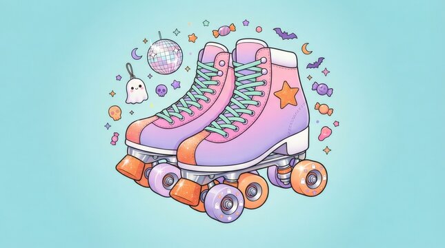 Pastel roller skate with disco ball and cute Halloween ghost, bat and candy. Retro groovy disco party illustration for Halloween celebration, trick or treat greeting card and decoration