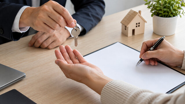 Buyer receives house keys while signing a real estate contract. Home purchase and property ownership transfer. Residential sale agreement, mortgage financing and closing transaction.