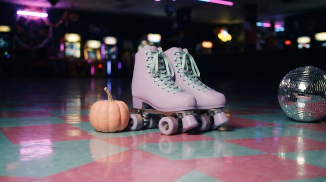 Pastel roller skate with peach pumpkin and disco ball on retro skating rink floor. Pastel disco Halloween party concept with 70s neon aesthetic for festive celebration