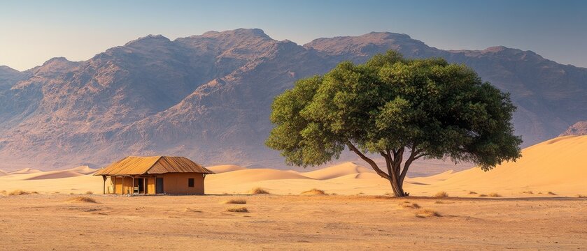 A small hut and a large tree stand in a sandy desert with mountains in the background.