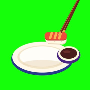 Vibrant Salmon Nigiri Sushi Picked Up with Chopsticks and Dipped in Soy Sauce on Green Screen 2D Vector Animation