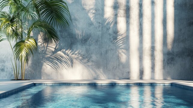 A swimming pool with blue water next to a textured wall featuring palm tree shadows and green palm leaves in the foreground.