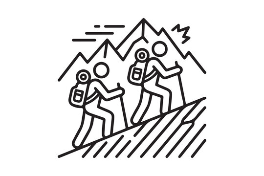 This is a black and white line-art vector icon showing two hikers climbing a steep mountain trail with backpacks and trekking poles. The clean, minimalist design is perfect for themes related to outdo