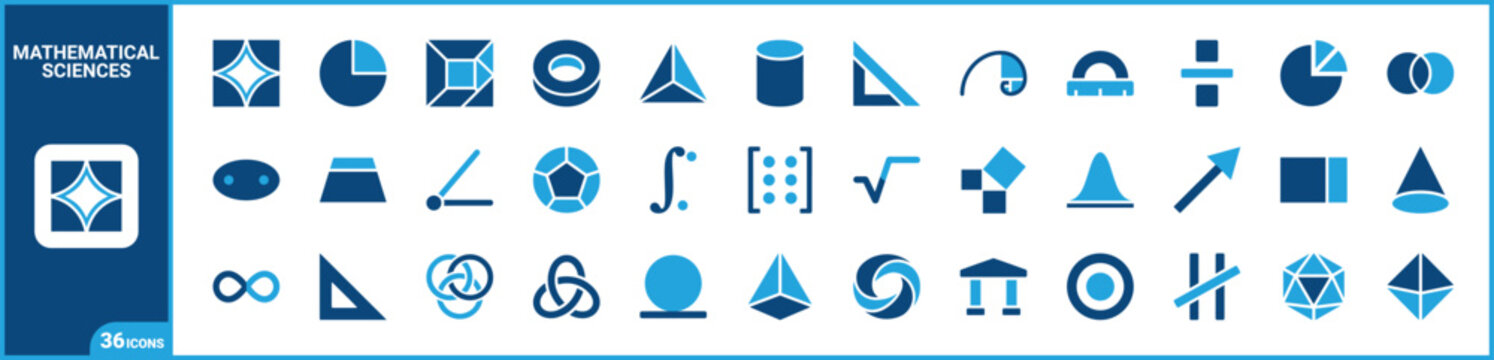 Mathematics and geometry two-tone icon set. Filled glyph pictograms of algebra, geometry, calculus, and topology elements, blue duotone illustration.