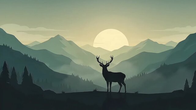 wide angle minimalist 2d vector animation of stag on misty mountain at sunrise