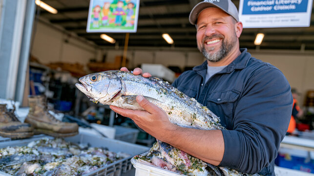 A fishing guide in an industrial riverside warehouse tags ice packed catch containers for identification, worn rubber work boots visible beside the crates, a solitary figure under fluorescent light 