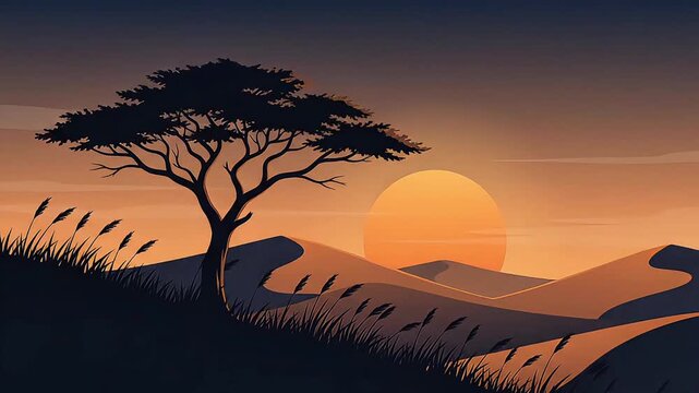 wide angle flat 2d vector illustration of acacia tree on desert at sunset