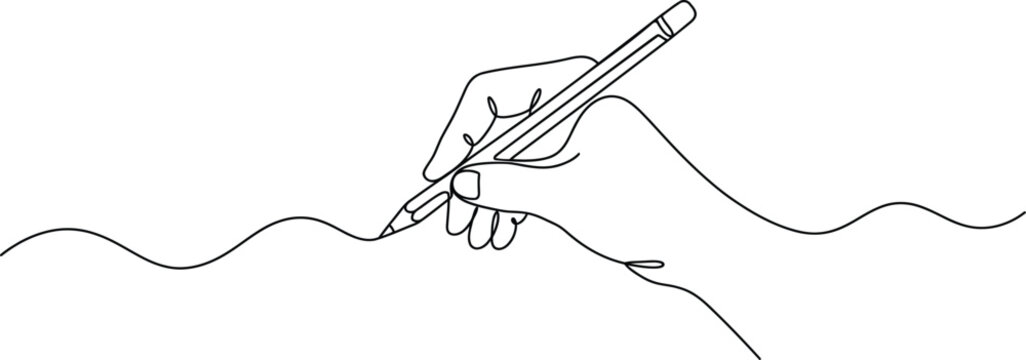 Continuous line drawing of a hand holding a pencil
