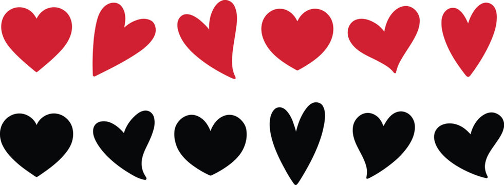 Set of hand drawn red and black heart shapes