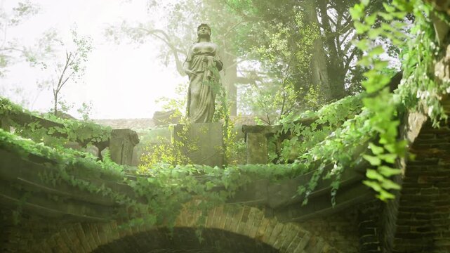 Stone statue crowned by lush foliage and trailing vines, soft backlight creating halo effect, mosscovered ledge and dappled shadows, ideal scene for historian