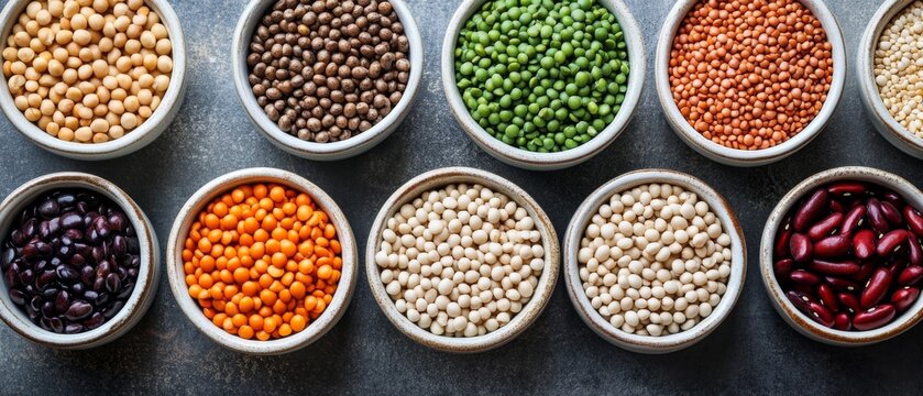 Various bowls of colorful legumes and grains are arranged in rows on a dark background.