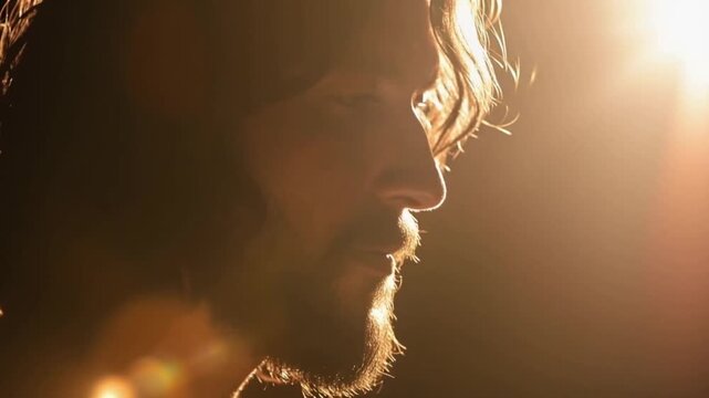 A close-up profile shot captures a bearded man bathed in the warm, golden light of a sun flare. ..Created with Generative AI, not depicting real subjects.