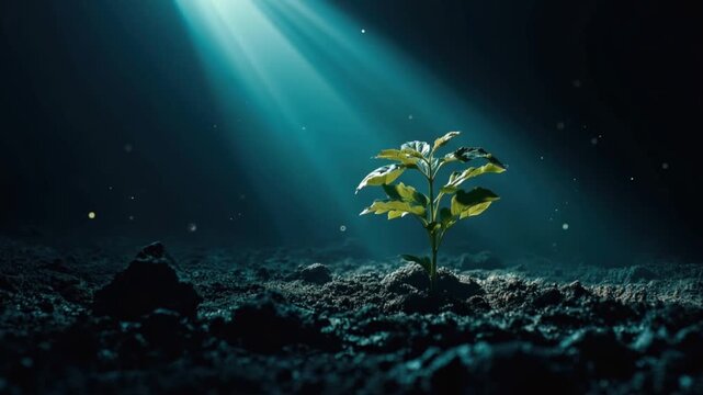 A young plant sprout emerges from dark soil, reaching towards a radiant beam of light, symbolizing growth and new beginnings in a macro shot. ..Created with Generative AI, not depicting real subjects.
