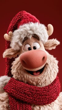 Smiling reindeer character portrait in winter attire with a classic santa hat and scarf against a deep red background