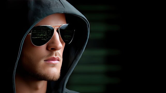 Portrait of a man with a beard in dark green hood and aviator sunglasses, illuminated by green and orange light with glowing reflections of digital code