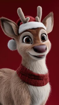 Cheerful animated reindeer character in festive attire against a solid red background
